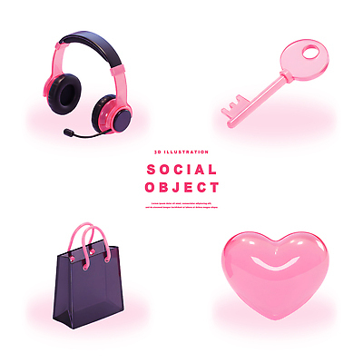 PSD 편집이미지 기호 디자인 분홍색 가방 열쇠 3D 헤드셋 하트 작품 소통 사교 편집3D 모양 문자 잡화 컬러 음향기기 컨셉 미술 헤드폰 디지털합성 파일형식