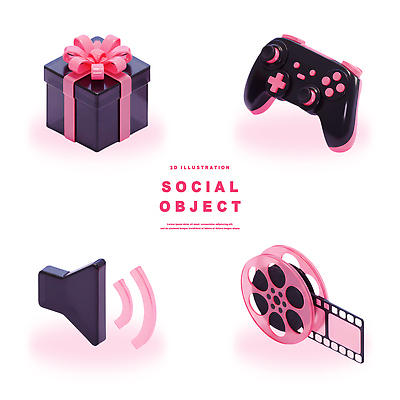 PSD 편집이미지 리본 분홍색 버튼 선물상자 3D 검은색 스피커 소리 볼륨 필름 영화 그림 언론 게임콘트롤러 편집3D 컬러 음향기기 문화예술 선물 상자 게임기 디지털합성 파일형식