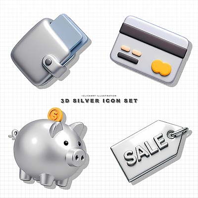 PSD 편집이미지 디자인 금융 쇼핑 세트 3D 세일 디지털 돼지저금통 신용카드 지갑 실버 소비 은색 편집3D 노년 컬러 경제 저금통 디지털합성 파일형식