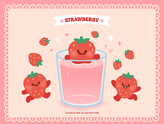 캐릭터 디자인 음료 상징 분홍색 과일 일러스트 딸기 동화 컵 수영 춤 신선 즐거움 놀기 국내일러스트 AI파일 식기 감정 컬러 모션 문화예술 수상스포츠 파일형식 벡터