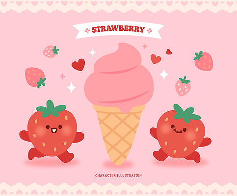 캐릭터 문화 어린이 분홍색 과일 일러스트 딸기 아이스크림 디저트 사랑 이벤트 장식 파티 귀여움 즐거움 국내일러스트 AI파일 감정 음식 컬러 컨셉 사람 파일형식 벡터