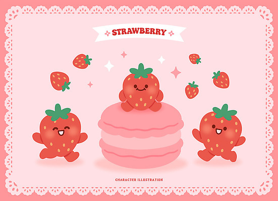 캐릭터 음식 분홍색 과일 일러스트 딸기 디저트 귀여움 축제 표현 즐거움 상큼 마카롱 생동감 국내일러스트 AI파일 감정 컬러 컨셉 파일형식 벡터