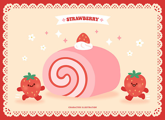 캐릭터 행복 음식 일러스트 딸기 디저트 아이디어 선물 장식 귀여움 즐거움 파스텔 롤케이크 솜사탕 창작 아기자기 국내일러스트 AI파일 감정 컨셉 과일 학용품 케이크 파일형식 벡터