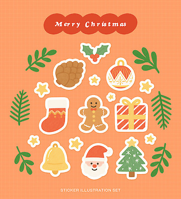 PSD 행복 감정 별 스티커 크리스마스 겨울 일러스트 공 나뭇잎 양말 선물 장식 크리스마스트리 산타클로스 축제 소리 북극곰 잣 연말 국내일러스트 자연요소 계절 기념일 잎 곰 견과류 파일형식