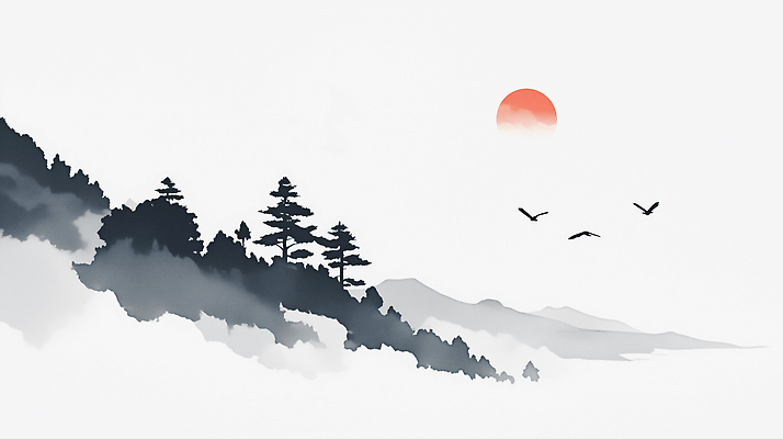 자연요소 식물 동물 컨셉 미술 풍경 노을 생태계 파일형식 탑뷰 일몰 산 나무 자연 하늘 조류 평화 뷰티풀 대기 조용 윤곽 컬러 태양 시골 전경 조화 JPG 국내일러스트 일러스트 수묵화 일출 새해