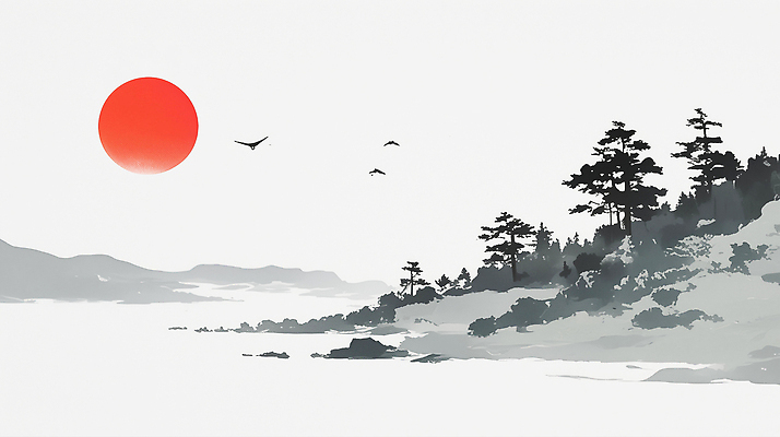 자연요소 식물 동물 감정 아시아 컨셉 문화예술 미술 노을 생태계 파일형식 일출 태양 바다 하늘 조류 자연 풍경 고요 새벽 나무 수평선 평화 여유 뷰티풀 조화 한국 컬러 수채화 JPG 국내일러스트 일러스트 수묵화 새해