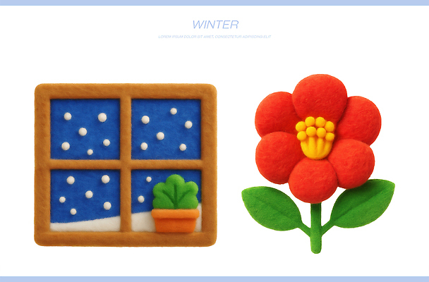 PSD 식물 편집이미지 계절 꽃 화초 겨울 창문 자연 날씨 따뜻함 풍경 차가움 조화 펠트 흰눈 편집3D 눈_날씨 3D 생태계 파일형식 천_직물
