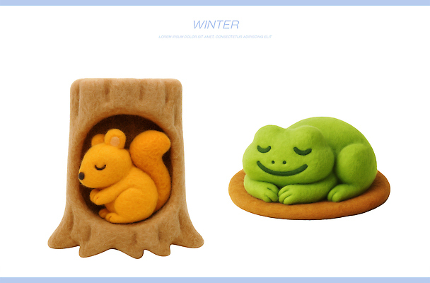 PSD 나무 동물 편집이미지 컬러 겨울 자연 개구리 장식 평화 귀여움 잠 편안함 공예 그림 다람쥐 펠트 편집3D 식물 계절 컨셉 양서류 취미 3D 감각 설치류 생태계 파일형식 천_직물