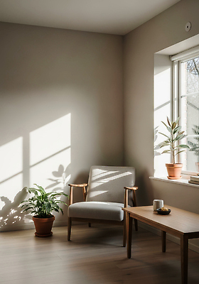 디자인 가구 컨셉 태양 감각 CG 생태계 파일형식 거실 의자 탁자 식물 햇빛 창문 그림자 휴식 고요 자연 인테리어 공간 분위기 차분 포근함 편집실사 편집이미지 JPG