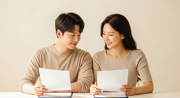 JPG 편집이미지 여자 남자 신혼부부 모션 협력 대화 미소 웃음 사무실 시간 분위기 문서 의견 소통 의료성형뷰티 편집실사 부부 컨셉 비즈니스 표정 말하기 사람 CG 신혼 파일형식