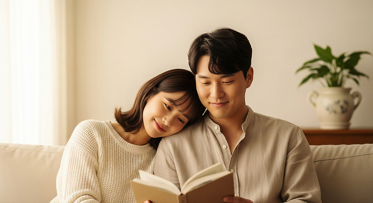 JPG 편집이미지 커플 여자 남자 행복 여유 신혼부부 함께함 이야기 사랑 책 소파 독서 기댐 방 시간 순간 의료성형뷰티 안락 편집실사 부부 감정 컨셉 의자 관계 모션 사람 CG 신혼 파일형식