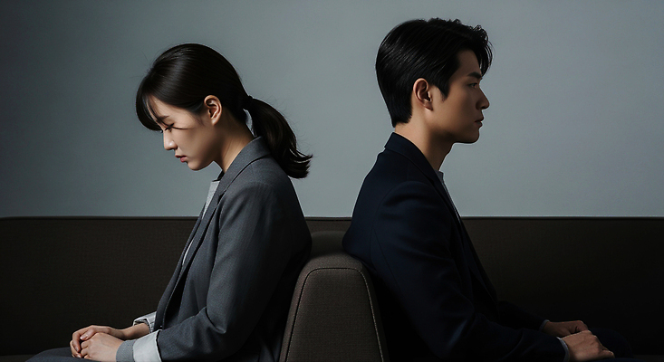 JPG 편집이미지 옷 여자 남자 감정 비즈니스 회의 두명 등돌리기 갈등 소통 문제해결 이혼 의료성형뷰티 편집실사 컨셉 모션 사람 CG 파일형식