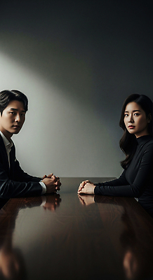 JPG 편집이미지 여자 남자 감정 조명 직장 흑백 표정 대화 사람 두명 만남 소통 이혼 의료성형뷰티 대면 편집실사 컨셉 회사 촬영기법 말하기 CG 파일형식