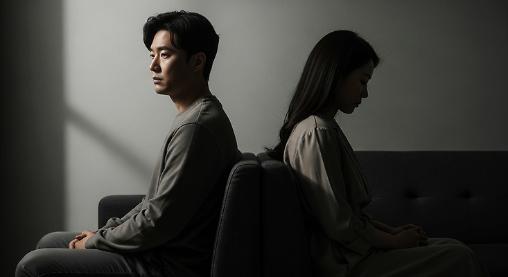 JPG 편집이미지 여자 남자 감정 생각 관계 대화 앉기 소파 침묵 원근감 분위기 갈등 이혼 의료성형뷰티 편집실사 뷰포인트 컨셉 의자 모션 말하기 사람 소리 CG 파일형식