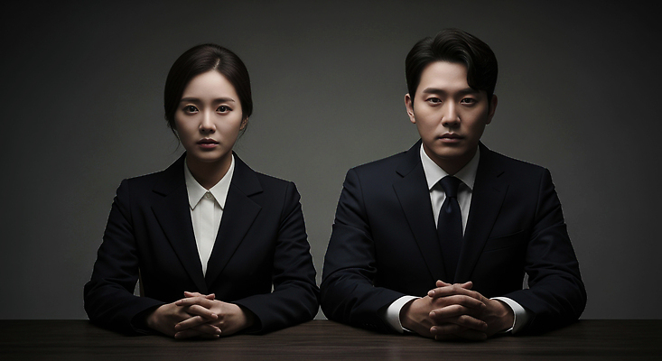 JPG 편집이미지 여자 남자 비즈니스 탁자 회의 표정 대화 협상 정장 집중 갈등 긴장 소통 이혼 전문 의료성형뷰티 편집실사 옷 감정 가구 컨셉 말하기 사람 CG 파일형식