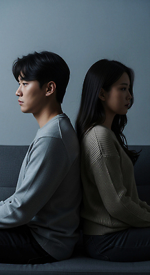 JPG 편집이미지 여자 남자 감정 관계 두명 소파 침묵 분위기 갈등 소통 단절 우울감 이혼 의료성형뷰티 소멸 편집실사 컨셉 의자 사람 소리 CG 파일형식