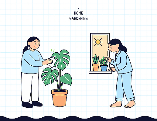 식물 여자 화분 일러스트 가정 자연 주택 햇빛 정원 편안함 창가 물주기 원예 원예식물 가꾸기 홈가드닝 국내일러스트 AI파일 창문 모션 사람 취미 건물 태양 감각 생태계 파일형식 벡터