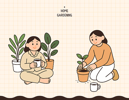 식물 여자 화분 여유 일러스트 자연 주택 실내 대화 취미 친구 편안함 즐거움 원예 향기 격자 정원가꾸기 원예식물 심기 플랜테리어 홈가드닝 국내일러스트 AI파일 감정 무늬 관계 모션 말하기 사람 내부 건물 인테리어 감각 생태계 냄새 파일형식 벡터
