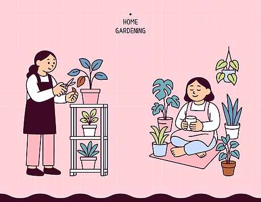 식물 여자 행복 화분 일러스트 자연 실내 관리 사람 취미 평화 정원 공간 편안함 원예 원예식물 가꾸기 가지치기 홈가드닝 국내일러스트 AI파일 감정 컨셉 내부 감각 생태계 파일형식 벡터