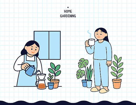 식물 여자 행복 일러스트 자연 주택 미소 사람 취미 일상 생활 장식 인테리어 정원 편안함 즐거움 물주기 원예 힐링 원예식물 홈가드닝 국내일러스트 AI파일 디자인 감정 모션 표정 건물 라이프 감각 생태계 파일형식 벡터