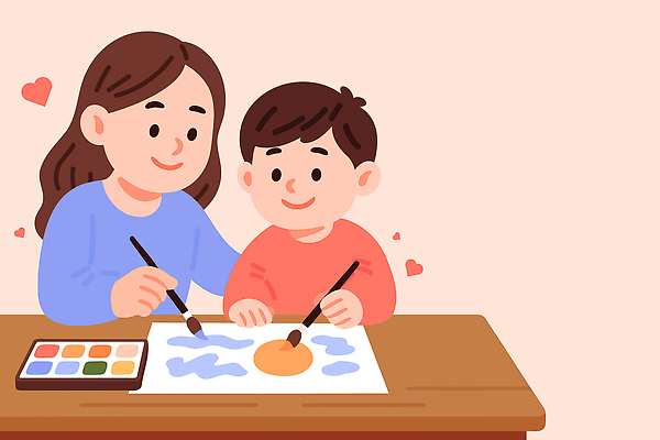 감정 가구 컨셉 가족 관계 문화예술 표정 신체부위 미술도구 파일형식 벡터 그림 미술 아들 즐거움 모션 창의력 컬러 물감 책상 사랑 행복 웃음 손 예술 놀이 시간 교감 체험 국내일러스트 일러스트 AI파일