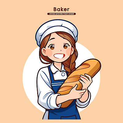 직업 여자 행복 음식 빵 일러스트 따뜻함 요리 미소 제과 주방 앞치마 빵집 작품 제빵 장인정신 제빵사 국내일러스트 AI파일 감정 표정 미술 사람 제과제빵 상점 장인 파일형식 벡터