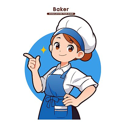 캐릭터 여자 점선 음식 빵 일러스트 손가락 요리 미소 파란색 제과 주방 요리사 앞치마 가리킴 즐거움 그림 제빵사 창의력 국내일러스트 AI파일 직업 손 감정 선 컬러 표정 사람 손짓 제과제빵 파일형식 벡터