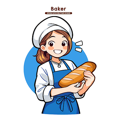 여자 행복 음식 빵 일러스트 재료 따뜻함 요리 미소 제과 주방 요리사 빵집 신선 맛 즐거움 제빵 제빵사 국내일러스트 AI파일 직업 감정 컨셉 표정 사람 제과제빵 상점 파일형식 벡터
