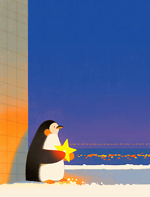 자연요소 계절 바다 컬러 조류 감각 야간 생태계 파일형식 펭귄 별 저녁 풍경 하늘 해변 파란색 겨울 자연 상상 밝음 부드러움 색감 이야기 조명 그림 국내일러스트 JPG 일러스트