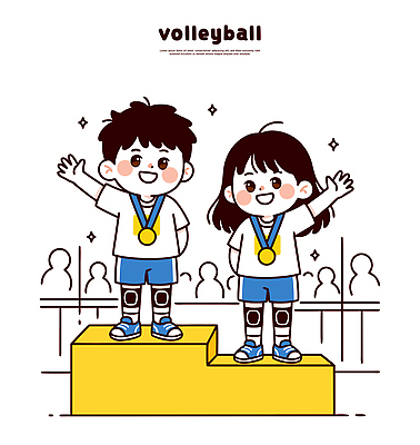 어린이 스포츠 일러스트 응원 협력 웃음 소녀 소년 친구 경쟁 기쁨 에너지 축하 우승 배구 동료 금메달 대회 시상식 국내일러스트 AI파일 여자 남자 감정 컨셉 관계 표정 사람 구기 최고 메달 파일형식 벡터