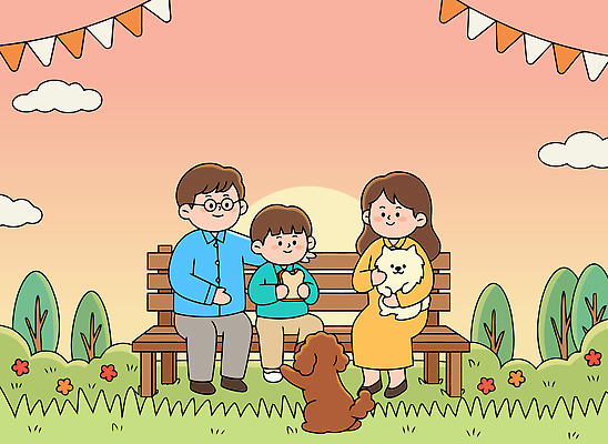 공원 꽃 행복 어린이 벤치 일러스트 가족 자연 놀이 사랑 웃음 친구 반려동물 부모 노을 산책 시간 강아지 저녁 소통 국내일러스트 AI파일 자연요소 식물 동물 공공시설 감정 컨셉 의자 관계 휴식 표정 사람 개 야간 생태계 파일형식 벡터