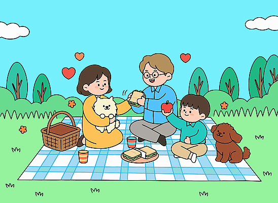 행복 음료 일러스트 가족 자연 놀이 함께함 샌드위치 사랑 웃음 초원 여름 소풍 시간 강아지 즐거움 나누기 소통 국내일러스트 AI파일 계절 감정 음식 컨셉 관계 표정 반려동물 야외활동 개 생태계 파일형식 벡터