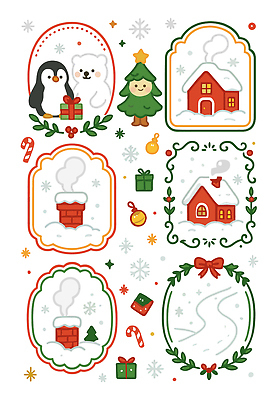 나무 스티커 크리스마스 겨울 일러스트 눈사람 주택 프레임 사탕 선물 장식 친구 귀여움 축제 분위기 펭귄 북극곰 연말 국내일러스트 AI파일 식물 계절 기념일 컨셉 곰 관계 조류 디저트 건물 파일형식 벡터