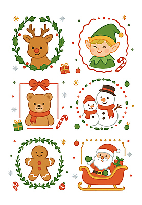 캐릭터 디자인 컬러 크리스마스 겨울 일러스트 곰 눈사람 프레임 선물 웃음 장식 산타클로스 귀여움 축제 루돌프 분위기 진저쿠키 아기자기 국내일러스트 AI파일 동물 계절 기념일 컨셉 포유류 사슴 표정 쿠키 파일형식 벡터