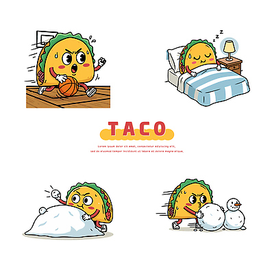 캐릭터 계절 감정 컨셉 미술 구기 파일형식 벡터 타코 농구 스포츠 모션 잠 눈사람 겨울 즐거움 놀이 귀여움 스케치 AI파일 일러스트 일러캐릭터