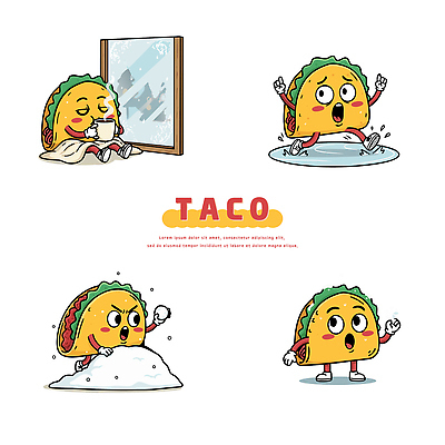 캐릭터 감정 컨셉 파일형식 벡터 타코 모션 창문 표현 즐거움 슬픔 귀여움 장면 음식 오브젝트 백그라운드 AI파일 일러스트 일러캐릭터