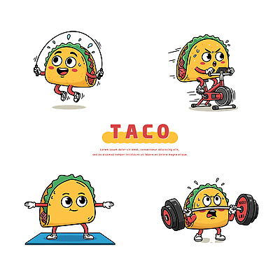 캐릭터 웰빙 감정 컨셉 모션 표정 건강 운동 바이크 파일형식 벡터 타코 달리기 자전거 헬스 아령 요가 활발 체육관 웃음 즐거움 다이어트 스포츠 귀여움 채소 AI파일 일러스트 일러캐릭터