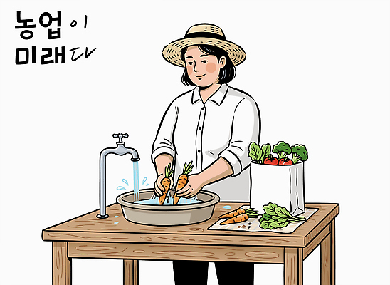 여자 음식 밭 농업 채소 일러스트 자연 미래 건강 물 농사 식사 당근 수확 신선 작업 씻기 농부 수도꼭지 유기농 정리 국내일러스트 AI파일 자연요소 직업 웰빙 산업 컨셉 뿌리채소 사람 청결 생태계 파일형식 벡터