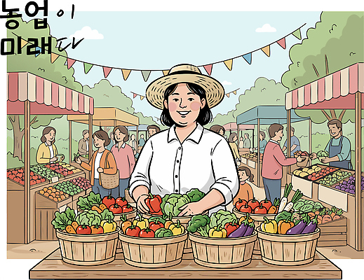 사계절 여자 농업 채소 과일 일러스트 풍경 이벤트 여러명 일상 경제 농작물 판매 바구니 수확 신선 시장 농부 유기농 소상공인 국내일러스트 AI파일 직업 웰빙 계절 산업 다수 사람 라이프 상인 파일형식 벡터