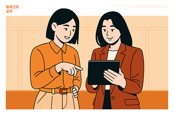 여자 일러스트 비즈니스 성공 협력 아이디어 직장 대화 태블릿 모임 업무 전문직 소통 긍정적 창의성 브레인스토밍 효과 국내일러스트 AI파일 직업 감정 컨셉 회사 말하기 사람 전자제품 스마트기기 작업 파일형식 벡터
