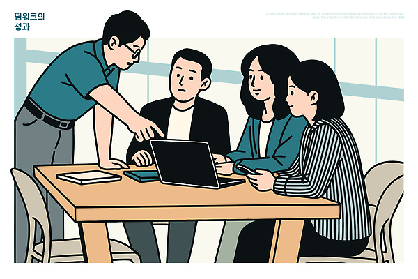 일러스트 비즈니스 탁자 회의 협력 아이디어 여러명 노트북 작업 전문직 결과 계획 토론 분석 직원 소통 문제해결 중요성 프로젝트 국내일러스트 AI파일 직업 가구 다수 컨셉 사람 전자제품 파일형식 벡터