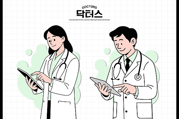 일러스트 의학 협력 기술 병원 치료 태블릿 건강관리 자료 진료 환자 의사 상담 소통 국내일러스트 AI파일 컨셉 건강 관리 전자제품 스마트기기 의료진 파일형식 벡터