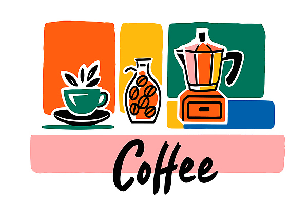 주간 식기 감정 커피 음료 컬러 상점 파일형식 벡터 아침 에스프레소 컵 원두 도구 여유 카페 식사 요리 가정 디자인 초록색 노란색 파란색 빨간색 국내일러스트 AI파일 일러스트