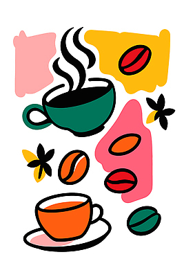 식물 식기 커피 음료 컬러 파일형식 벡터 컵 원두 디자인 생동감 따뜻함 스타일 예술 갈색 초록색 주황색 분홍색 노란색 꽃 국내일러스트 AI파일 일러스트