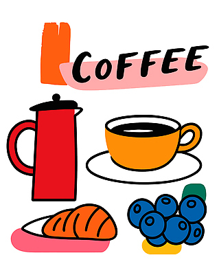 주간 음료 음식 빵 컨셉 과일 모션 탁자 라이프 식사 파일형식 벡터 커피 아침 크루아상 블루베리 식탁 마시기 맛 휴식 아침식사 디저트 풍경 컬러 디자인 일상 문화 국내일러스트 AI파일 일러스트