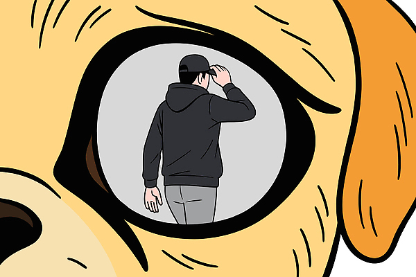 시선 남자 감정 예술 일러스트 따뜻함 일상 뒷모습 반려동물 관찰 도시 개 외출 그림 장면 순간 국내일러스트 AI파일 동물 뷰포인트 포유류 모션 사람 라이프 파일형식 벡터