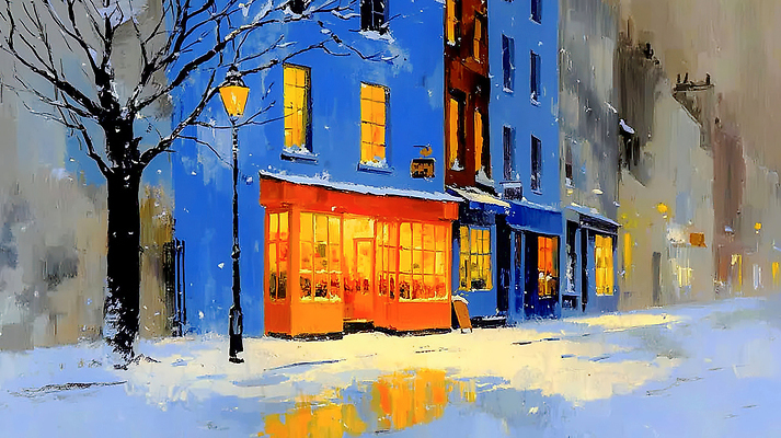 자연요소 식물 계절 공공시설 관계 날씨 눈_날씨 말하기 상점 감각 야간 파일형식 겨울 카페 빛 저녁 고요 풍경 따뜻함 외관 거리 나무 가로등 편안함 식사 친구 대화 컬러 뷰티풀 도시 국내일러스트 일러스트 JPG 눈내림 눈