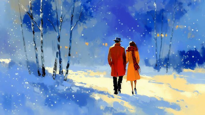 자연요소 식물 계절 감정 컨셉 관계 자국 모션 날씨 휴식 눈_날씨 파일형식 겨울 커플 사랑 걷기 나무 하늘 풍경 뷰티풀 발자국 산책 연애 도시 조명 감성 행복 국내일러스트 일러스트 JPG 눈내림 눈