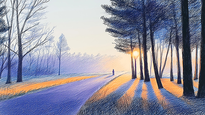 주간 자연요소 식물 길 교통시설 휴식 태양 노을 생태계 파일형식 숲길 아침 햇빛 나무 그림자 고요 사람 도로 풍경 새벽 산책 자연 조용 일출 숲 빛 산책로 그림 국내일러스트 일러스트 JPG