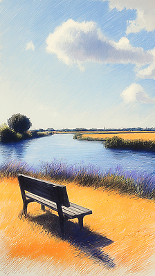 감정 컨셉 의자 휴식 풍경 강 생태계 파일형식 벤치 자연 하늘 물가 오후 평화 고요 야외 식물 여유 조용 산책 강가 시원함 국내일러스트 일러스트 JPG